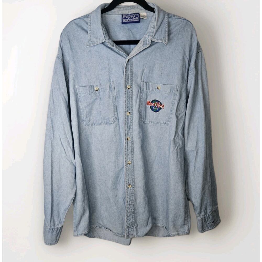 90s Hard Rock Cafe Denim Shirt Mens XL Blue St Thomas Jean Light Wash Button Up